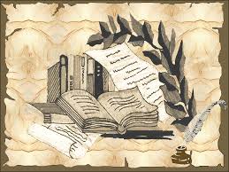 Grafika ilustracyjna: na starym pergaminie narysowana książka, kałamaż i pióro